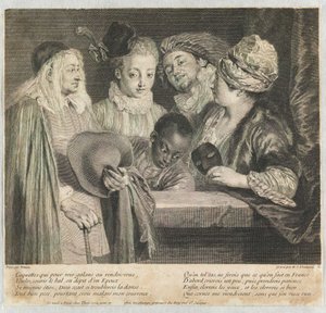 Coquetas que para ver galanes en la cita de Jean Antoine Watteau